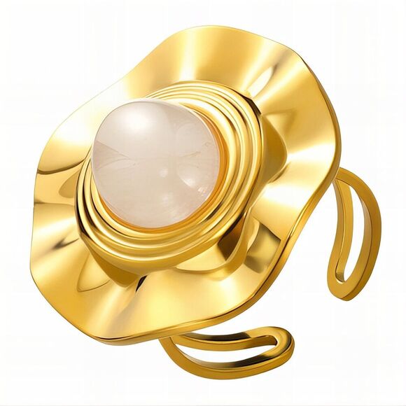 18K Gold Plated Womens Faux Centered Gem Open Back Ring Modern Design Waterproof - Picture 1 of 9
